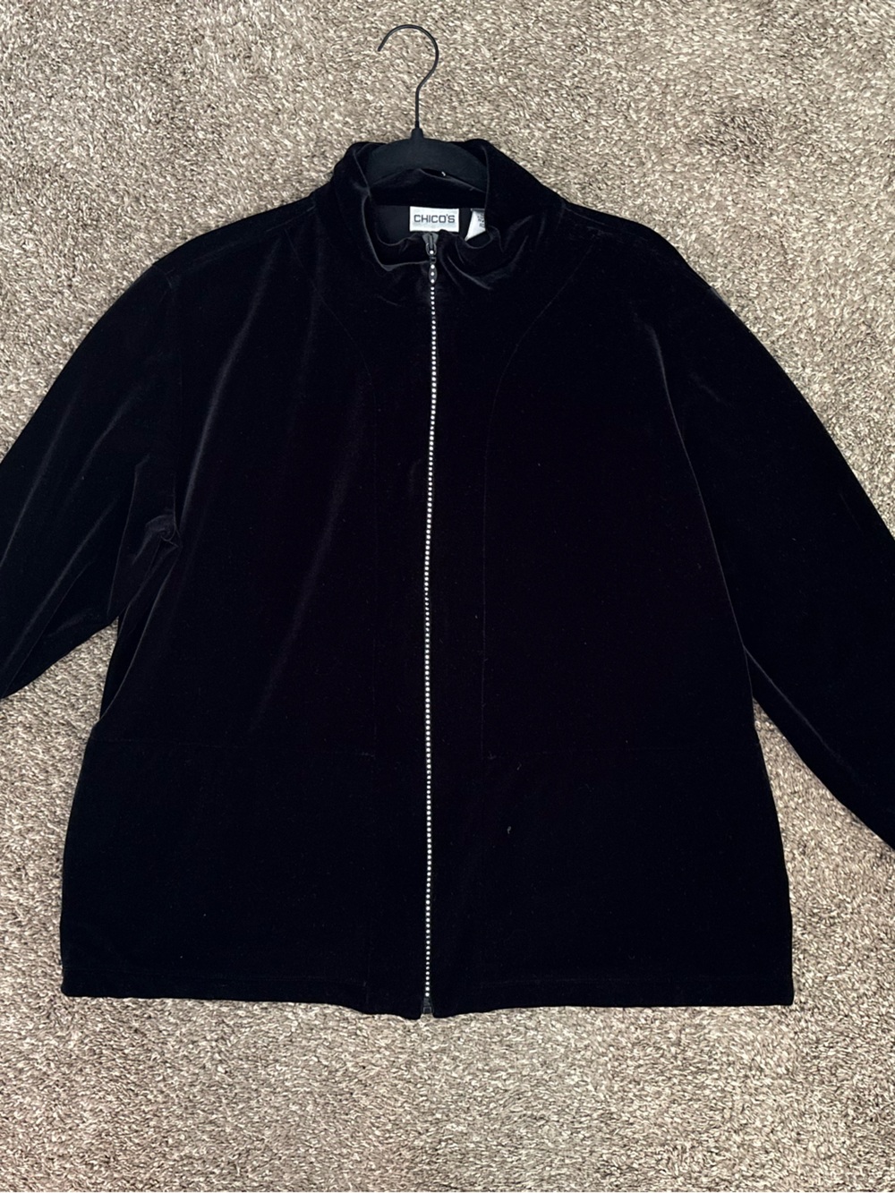 Women’s black velvet jacket with rhinestone zipper